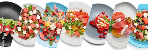 Collage with different delicious watermelon salads on white background, top view