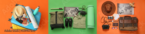 Set of traveler's accessories on color background, top view
