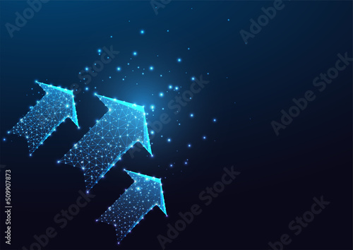 Futuristic growth, progress concept banner with glowing arrows and copy space isolated on dark blue 