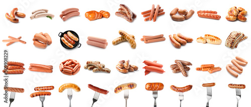 Set of many different sausages isolated on white photo
