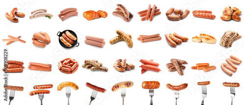 Set of many different sausages isolated on white