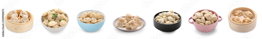Set of boiled traditional dumplings on white background Set of boiled traditional dumplings on white background