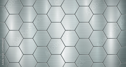 Abstract metallic background in light blue colors with highlights, consisting of voluminous convex hexagonal plates