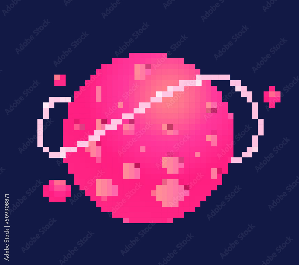 Pixel planet concept. Stickers for social networks in retro style. Graphic element for developing games and applications. Astrology and astronomy, galaxy and universe. Cartoon flat vector illustration Pixel planet concept. Stickers for social networks in retro style. Graphic element for developing games and applications. Astrology and astronomy, galaxy and universe. Cartoon flat vector illustration