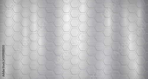 Abstract metallic background in gray colors with highlights and a voluminous convex hexagonal plates