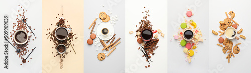 Cups of coffee and sweets on light background, top view photo