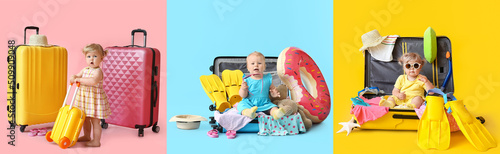 Cute baby girls and suitcases with traveler's accessories on colorful background