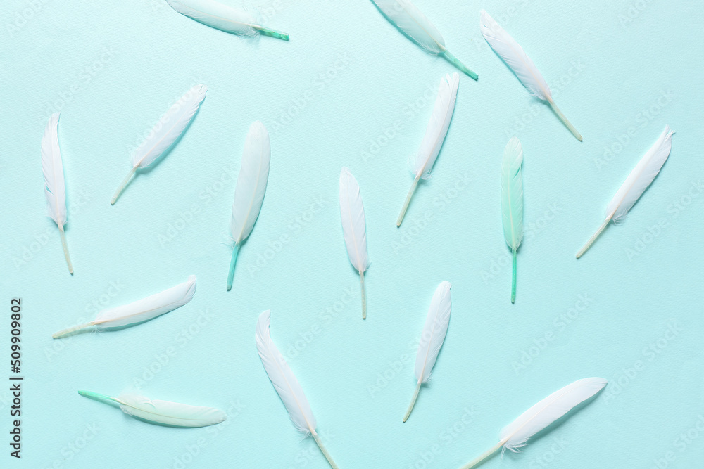 Obraz premium Lightweight white feathers scattered on a soft pastel blue background, gentle texture and natural simplicity, the lightweight feathers exhibit a delicate texture