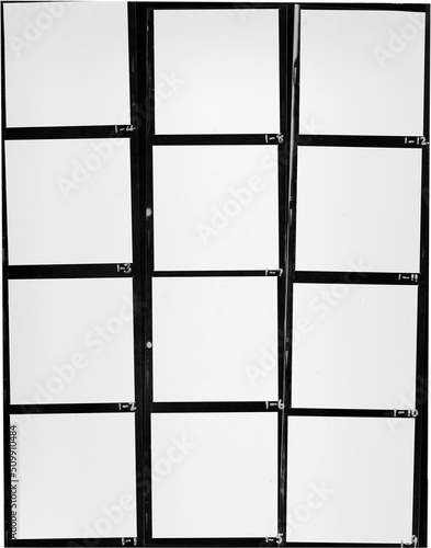 Valokuva scan of black and white hand copy contact sheet with 12 empty film element s