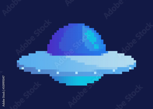 Pixel UFO concept. Aliens and extraterrestrial life. Galaxy and universes, space and space objects. Mysticism and fantasy, imagination. Social media sticker. Cartoon flat vector illustration