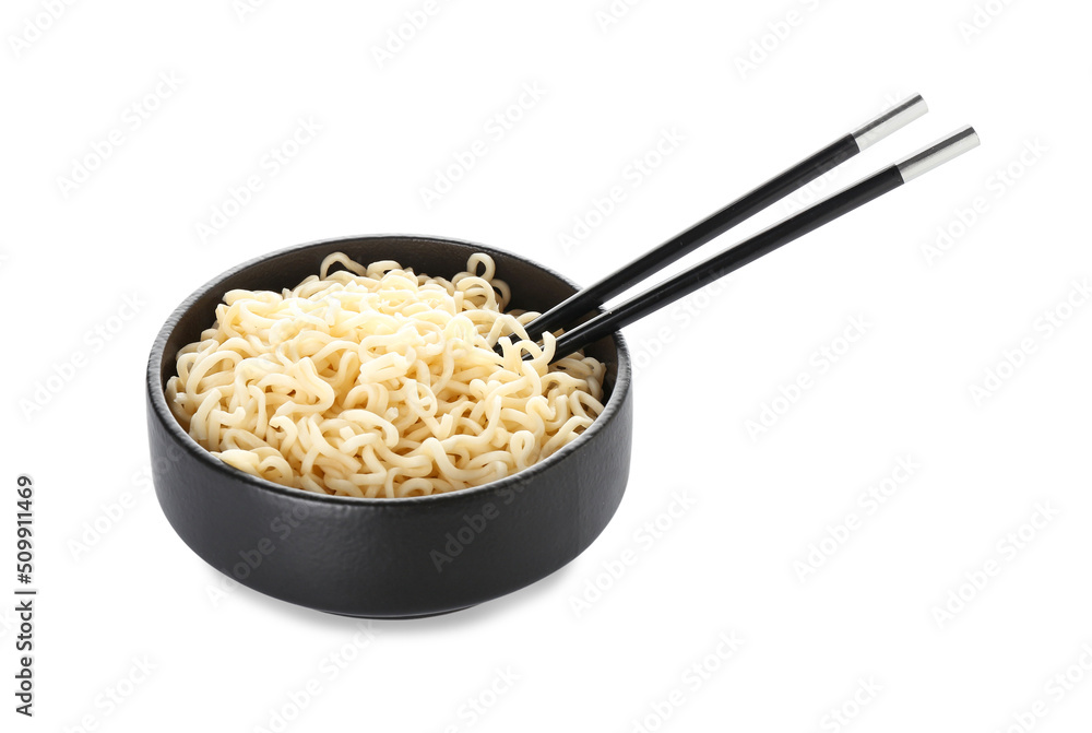 Bowl with tasty noodles and chopsticks on white background Bowl with tasty noodles and chopsticks on white background