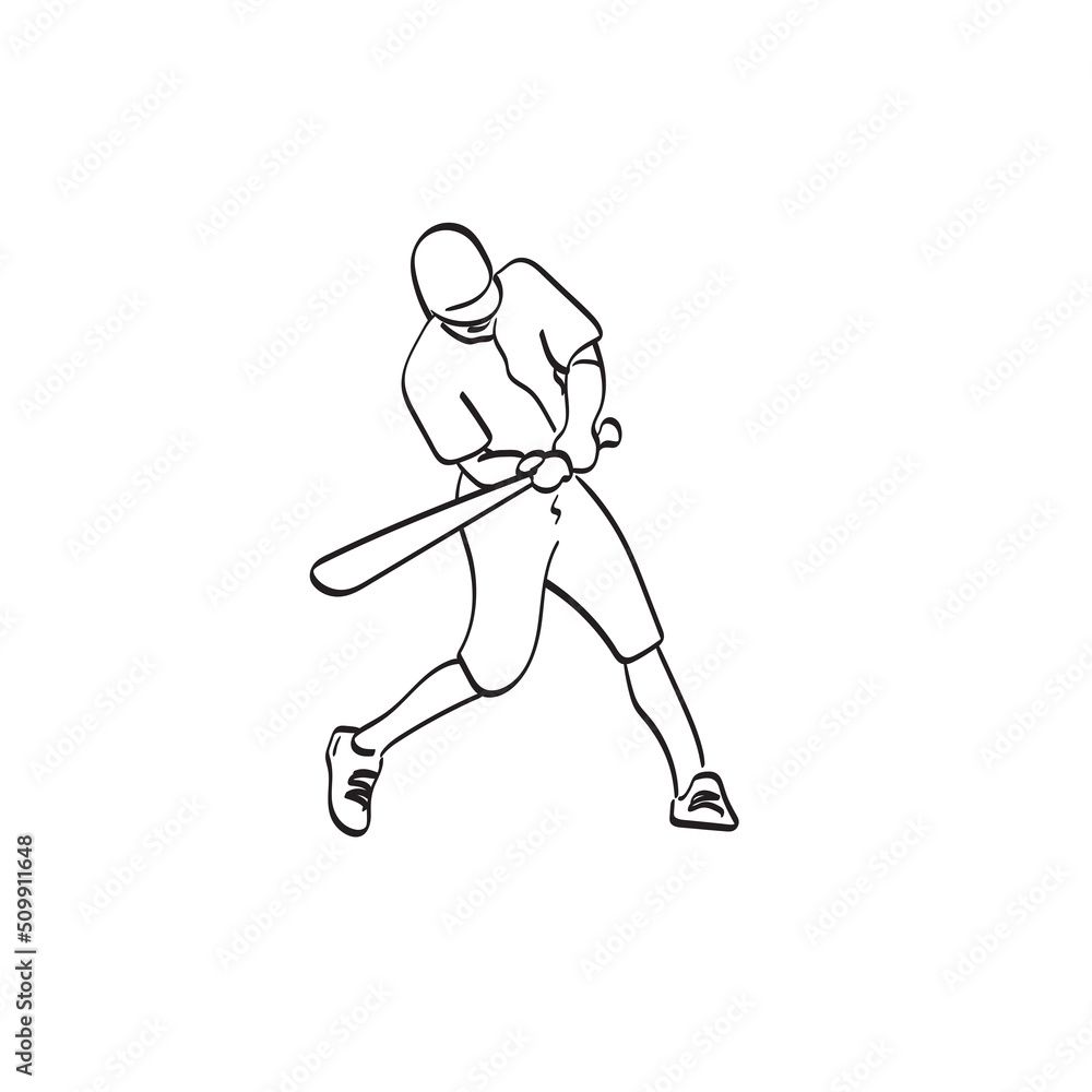 line art baseball batter hitting ball illustration vector hand drawn isolated on white background