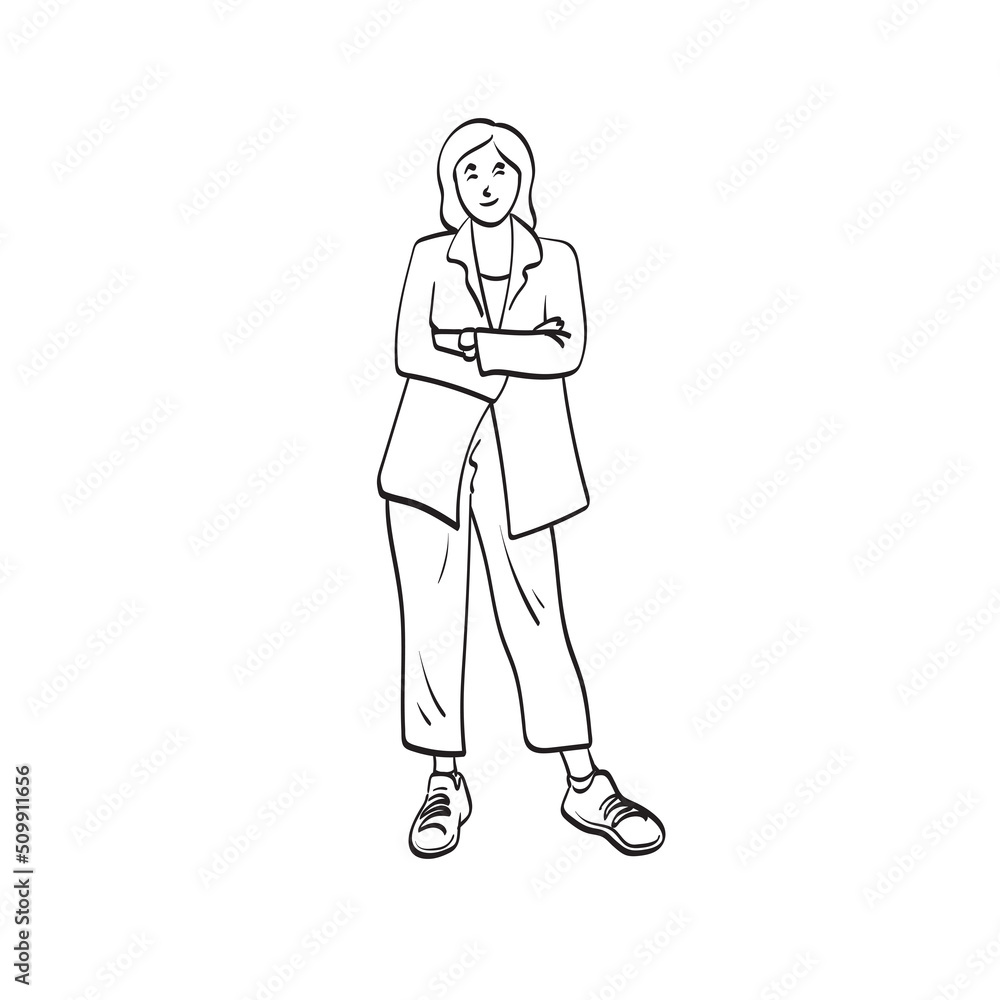 line art full length of smiling business woman with crossed arms illustration vector hand drawn isolated on white background line art full length of smiling business woman with crossed arms illustration vector hand drawn isolated on white background