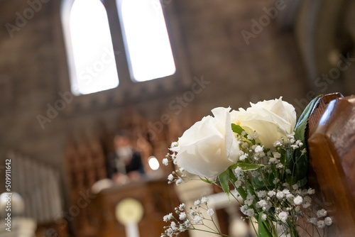 Flowers on the attendance seats of the church