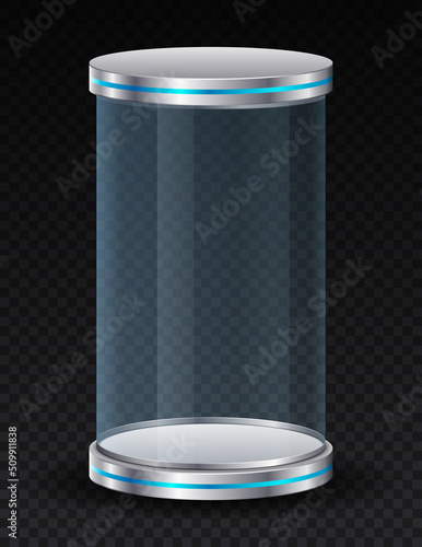 Transparent glass cylinders. Container for liquid, flask for water. Graphic elements for product advertising and marketing on Internet. Goods presentation. Realistic isometric vector illustration