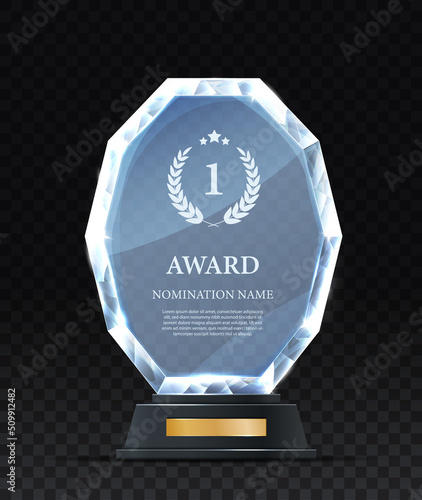 Realistic Award glass. Motivation and success, golden trophy for winner in competition. Best employee award, trophy or golden cup, achievement for best employee. Isometric vector illustration