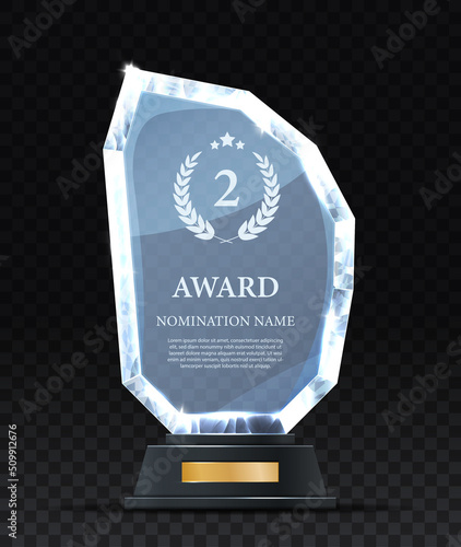 Realistic Award glass. Goblet of unusual shape on golden pedestal for awarding second place. Prize or trophy, motivation and success. Achievement of best worker. Isometric vector illustration