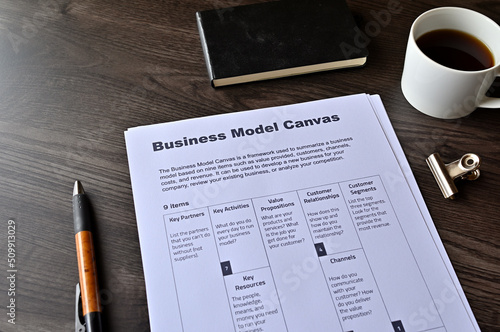 There is dummy documents that created for the photo shoot on the desk about Business Model Canvas.