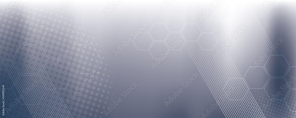 Fototapeta premium Gray background in vector illustration with glow and movement, bright geometric shape, hexagons, halftone pattern and parallel lines.