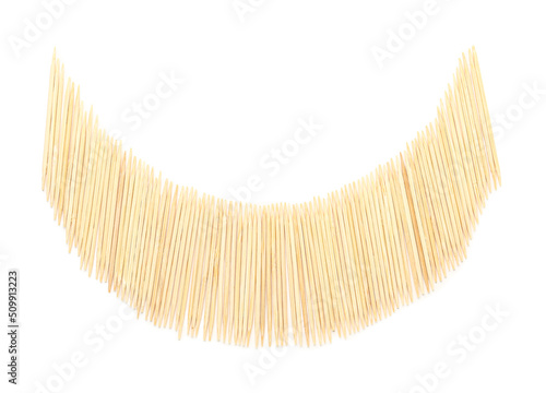 Bamboo toothpicks on white background, top view