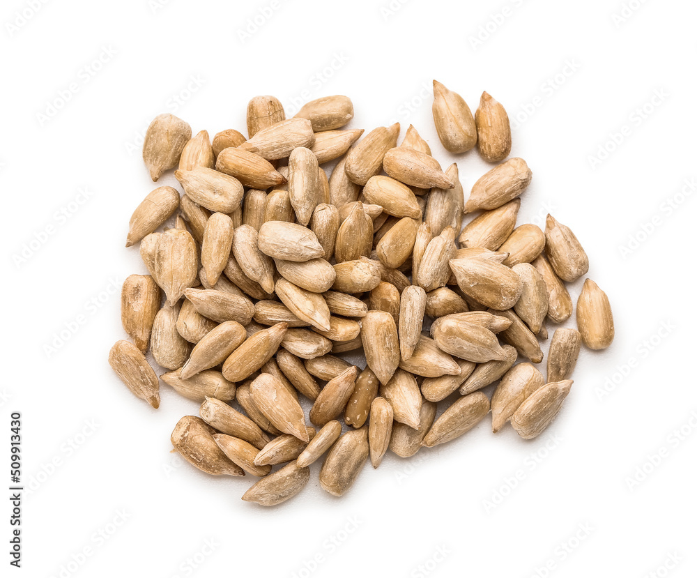 Pile of peeled sunflower seeds on white background Pile of peeled sunflower seeds on white background