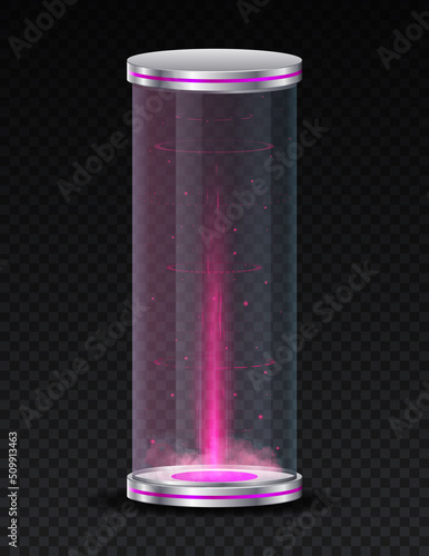 Game capsule with portal. Violet substance, movement in space and time and teleportation. Special zone, modern technologies. Fantasy, mysticism and imagination. Realistic isometric vector illustration