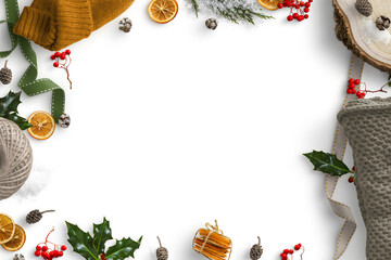 Winter Scene with Dried Fruit, Woollen Clothing, Holly, Berries and Pine Cone