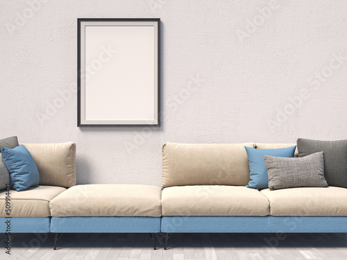 Mock up poster frames with blue sofa