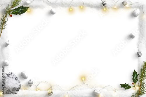 Papier peint Cold Winter Nature Scene with Snow, Fairy Lights, Holly and Pinecones