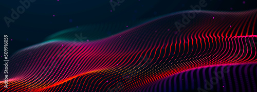 Futuristic dots pattern on dark background. Colored music wave. Big data. Technology or Science Banner. 3D rendering