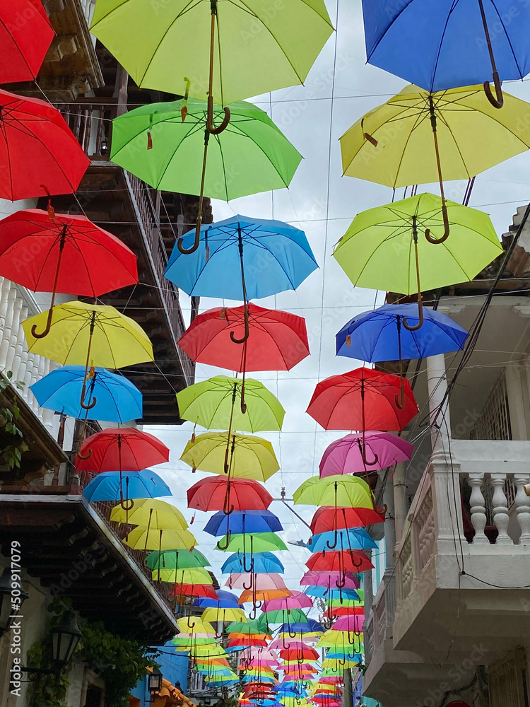 colorful umbrellas on the street, cartagena Colombia umbrellas street
