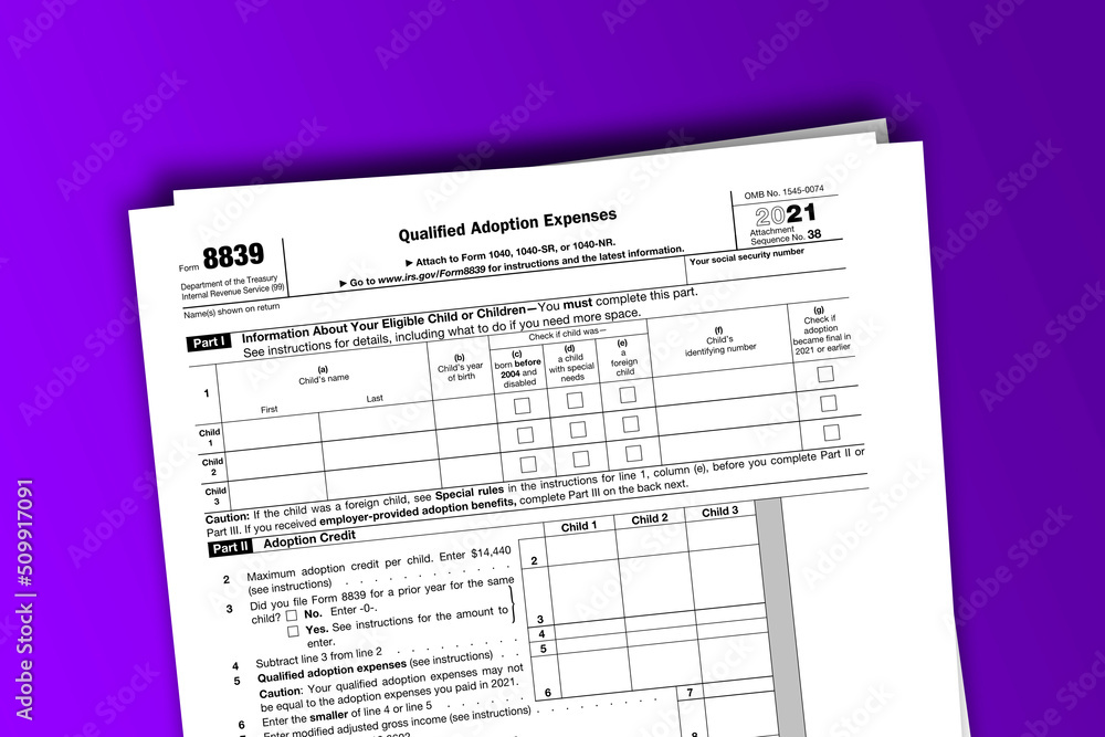 Form 8839 documentation published IRS USA 11.22.2021. American tax document on colored Form 8839 documentation published IRS USA 11.22.2021. American tax document on colored