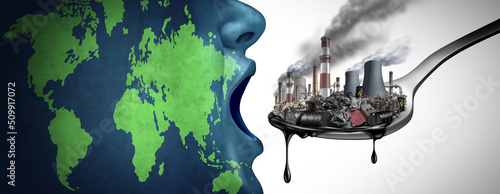 Global pollution concept with fossil fuel and industrial toxic waste as the planet earth eating petroleum and dirty polluted energy as an environmental icon