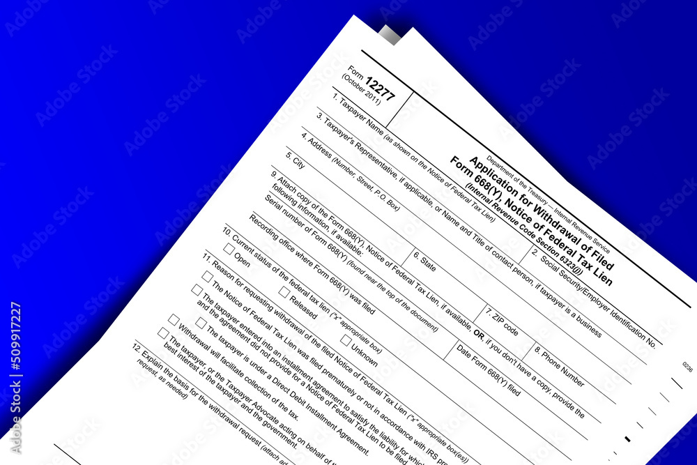 Form 12277 documentation published IRS USA 07.17.2012. American tax document on colored Form 12277 documentation published IRS USA 07.17.2012. American tax document on colored