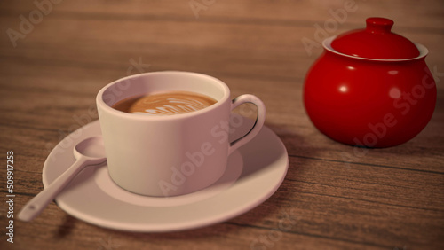 Cup of coffee with sugar bowl on a wooden table 3d-rendering