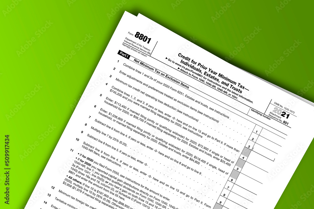 Form 8801 documentation published IRS USA 11.24.2021. American tax document on colored Form 8801 documentation published IRS USA 11.24.2021. American tax document on colored