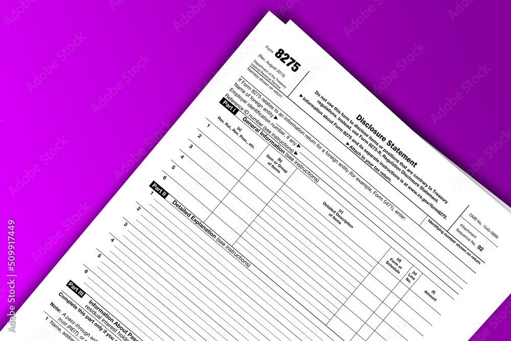Form 8275 documentation published IRS USA 08.29.2013. American tax document on colored Form 8275 documentation published IRS USA 08.29.2013. American tax document on colored