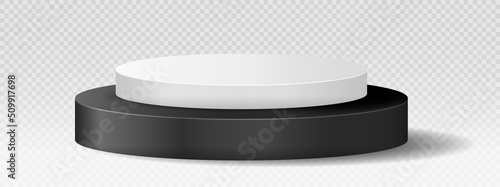 Realistic marble podium. White and black rounded pedestal. Promotion of cosmetic products on Internet, modern marketing. Place for presentations, template or mockup. Isometric vector illustration