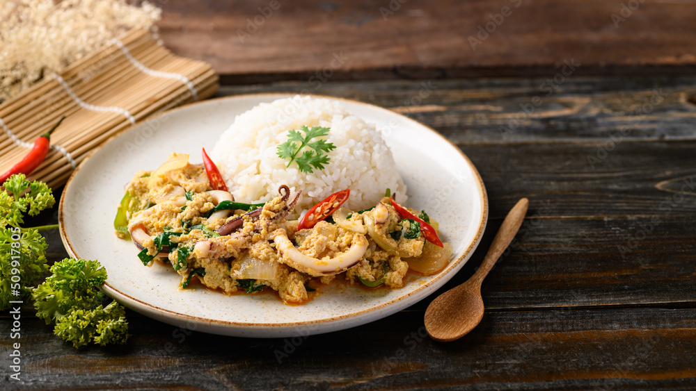 Thai stir fried curry squid and cooked rice, Thai food Thai stir fried curry squid and cooked rice, Thai food