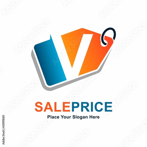 Tag price letter V vector logo template. Suitable for business, web shop, online store and Vector paper style typeface for best price tag.