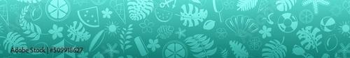 Banner of various items related to summer holidays at sea, in light blue colors, with seamless horizontal repetition