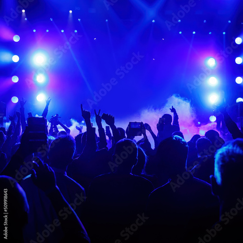 Happy crowd with raised hands at a rock concert. © 9parusnikov