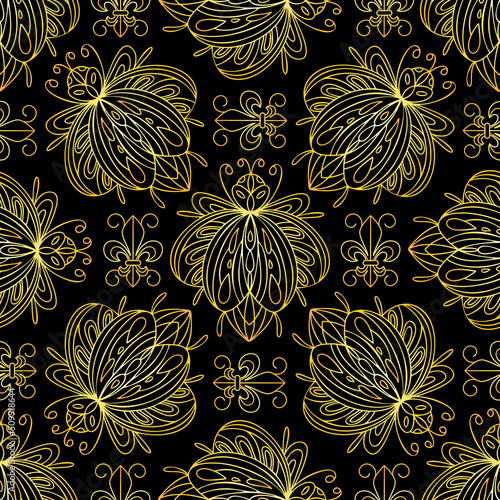 Valokuva Seamless pattern of golden bugs and Florentine lilies