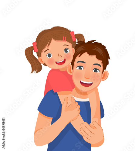 happy young man giving a piggyback ride to cute little girl showing father’s love to daughter holding her hands