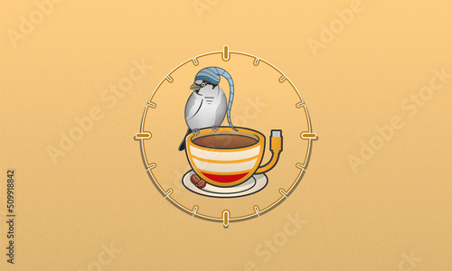 A sparrow in a night cap sitting on a cup of coffee that resembles a battery. Coffe time