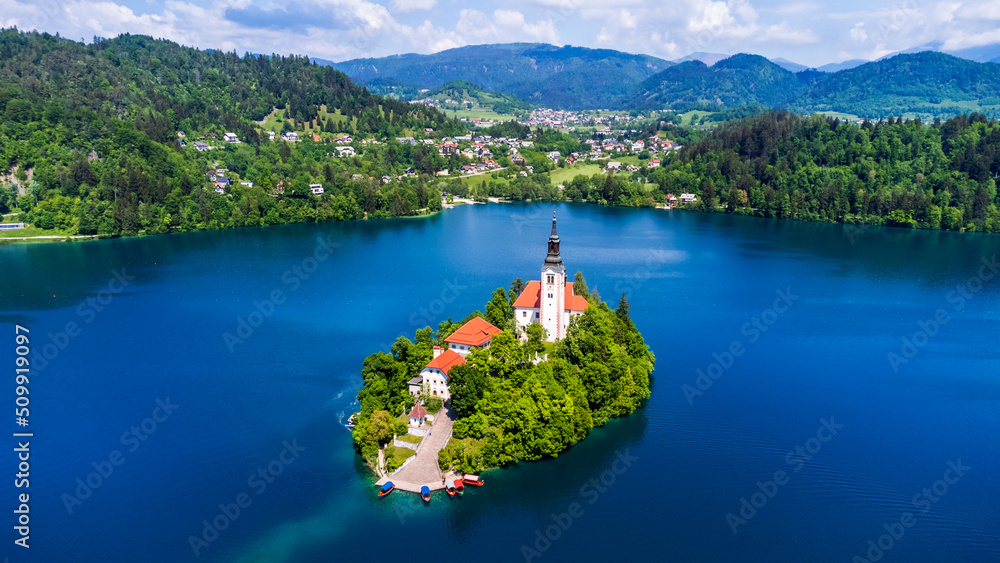 Bled, Slovenia - Julian Alps and Church Santa Maria, Lake Bled