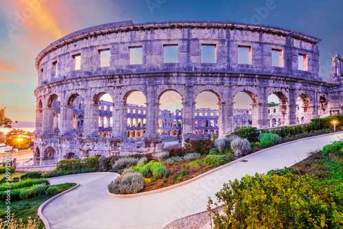 Pula, Croatia. Night scene of ancient amphiteatre, roman Pola