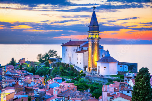 Принти на полотні Piran, Slovenia - Panoramic twilight view of oldtown Pirano, Slovene heritage