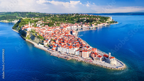 Obraz na płótnie Piran, Slovenia - Aerial drone view of ancient Pirano, Adriatic Sea w salonie