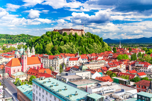 Ljubljana, Slovenia. Aerial view of the old town and Castle photo
